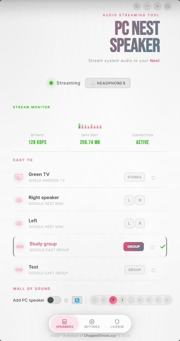 PC Nest Speaker desktop app showing live streaming status, stream monitor metrics, cast targets, and speaker group controls.